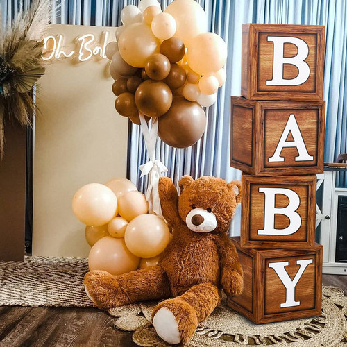 Baby Shower Boxes Party Decorations - 4 Wood Grain Brown Blocks with Baby Letter, Printed Letters,First Birthday Centerpiece Decor, Teddy Bear Baby Shower Supplies, Gender Reveal Backdrop