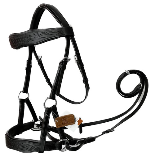 AMAZING HORSE STUFF Sidepull Bitless Bridle with Designer Hand Carving On Brow & Noseband Curved Shaped Black (Full, Cob, Pony) (Cob)