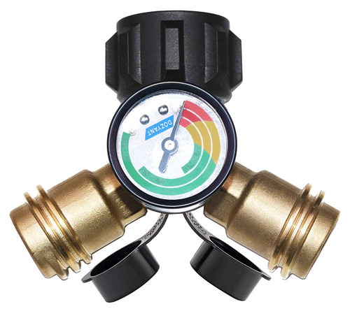 DOZYANT Propane Tank Y Splitter Adapter Gauge, Propane 2 Way LP Gas Adapter Tee Connector Adapter for 5lb to 40lb Propane Tank Cylinder, Universal for Gas Grill, RV Camper, More Appliances