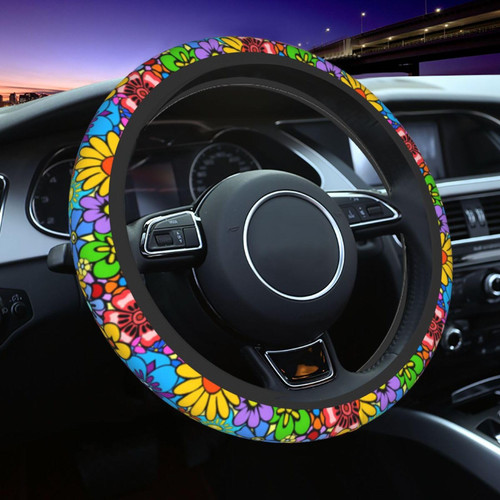 Hippie Flower Steering Wheel Cover Car Accessories Cute for Women Girls Girly Universal 15 Inch Neoprene Auto Interior Decor Anti Slip Car Truck Protector