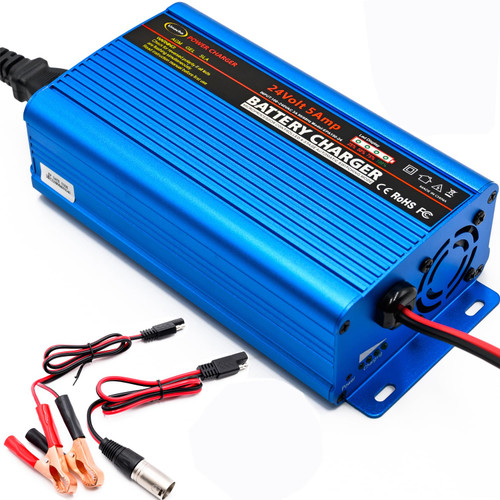 24Volt Battery Charger Smart Fully Automatic Battery Charger Maintainer Trickle Charger 5A 3-pin XLR Alligator Connector with I/O Switch(US Plug)