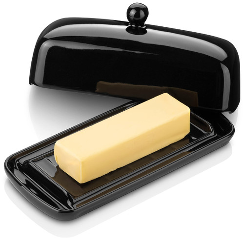 Nucookery Ceramic Butter Dish with Lid | Raised Legs and Non-Slip Strip Design | Porcelain Health | Dishwasher Safe, Black