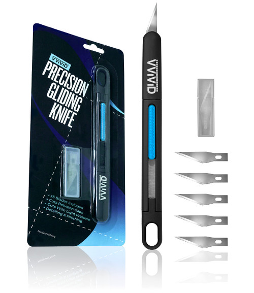 VViViD Precision Gliding Automotive Vinyl Wrapping Knife, Retractable, Safety locking, 5 Replacement Blades