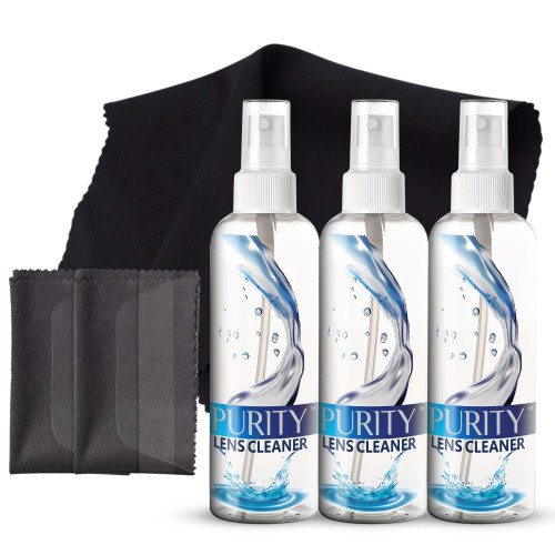 Purity Eyeglass Lens Cleaner Spray Kit - 3 x 8oz Lens Cleaner Spray Bottle + 2 Microfiber Cloth for Cleaning - Safe for All Lenses (AR Coated Included), Eyeglasses and Screens