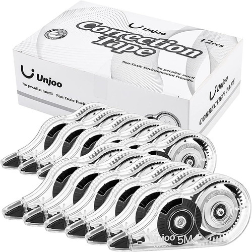 Unjoo White Correction Tape, Easy To Use Applicator for Instant Corrections Wrong Writing At Any Time, For school, Office (12pack, 5M/196" x 0.2", Black)