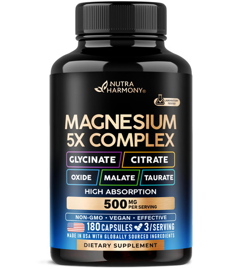 Magnesium Supplement - 5 in 1 Complex | Glycinate | Citrate | Malate | Taurate | Oxide - Made in USA - Stress, Muscle & Heart Support - Vegan, Natural, Non-GMO - 180 Capsules, 2 Month Supply