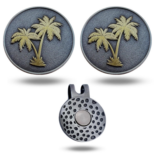 Full Metal Markers Palm Tree Unique Magnetic Metal Golf Ball Marker Accessory with Hat Clip for Men and Women (2 Ball Markers + 1 Hat Clip)