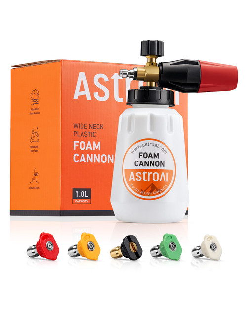AstroAI Foam Cannon, Heavy Duty Car Foam Blaster Wide Neck Adjustable Snow Foam Lance and Thick Foam for Pressure Washer with 1/4" Quick Connector,1L Bottle & 5 Nozzles