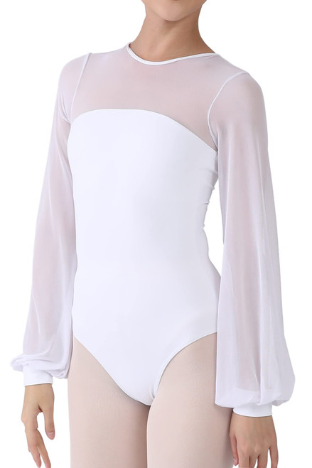 Dance Elite Aisling Mesh Shoulder and Sleeves Dance Leotard For Women Ballet (White, Adult S)