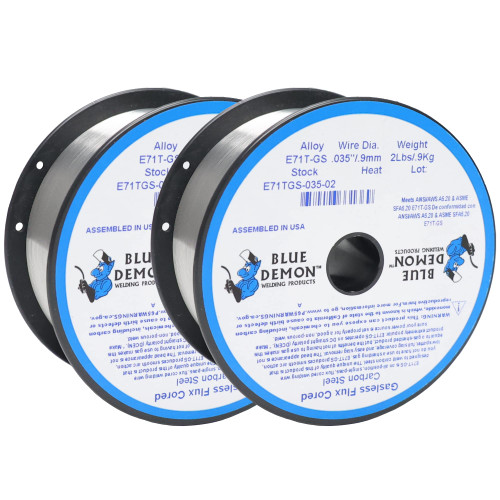 Blue Demon E71TGS X .035” X 2 LB X 2 Pack MIG/GMAW Gasless Flux Core Carbon Steel Welding Wire, All Position, Easy Slag Removal, Formulated To Provide Porosity-Free, X-Ray Quality Welds