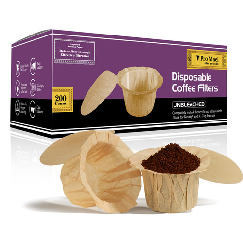 Pro Mael Disposable Coffee Filters Paper with Lid for Keurig Brewers Single Serve 1.0 and 2.0 Reusable K Cup Pods, Natural (200 Count)
