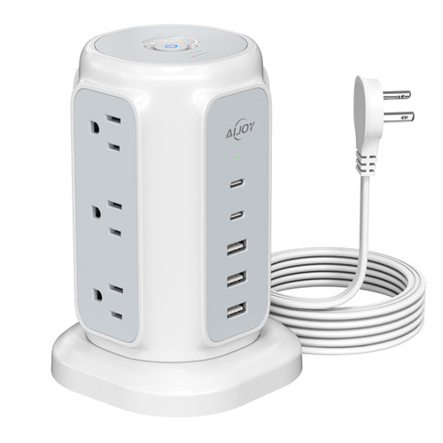AiJoy Flat Plug Power Strip Tower 9 Outlets and 5 USB Ports (2 USB-C), 1200J Surge Protection, 6.5ft 1625W Extension Cord Charging Station for Home Office Supplies, Dorm Room Essentials
