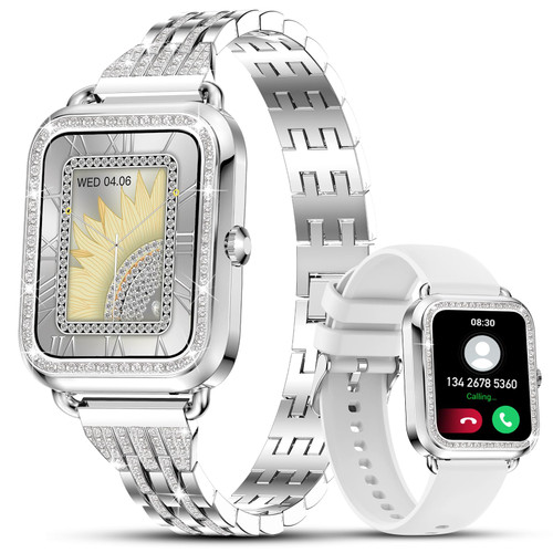 Efolen Smart Watches for Women with Diamonds (Answer/Make Call), 1.57'' Bluetooth Smartwatch for Android iOS Phones, Waterproof Fitness Tracker with Heart Rate/SpO2/Sleep/BP/AI Voice (Silver)