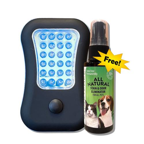 Stink Free UV Black Light Flashlight for Pet Urine Detection. Great Ultraviolet Blacklight LED for Cat & Dog Pee Stain Detector with Free All Natural Urine Odor and Stain Remover 2 oz