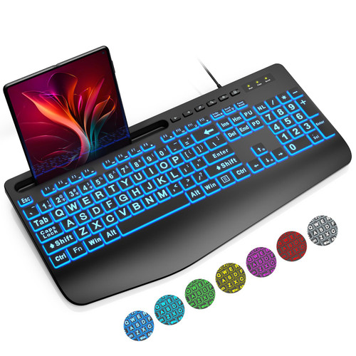 SABLUTE Large Print Backlit Keyboard, Wired USB Computer Keyboards with 7-Colors Backlight, Wrist Rest, Phone Holder, Oversized Letter Keys Easy to See and Type for Laptop, PC, Windows, Black