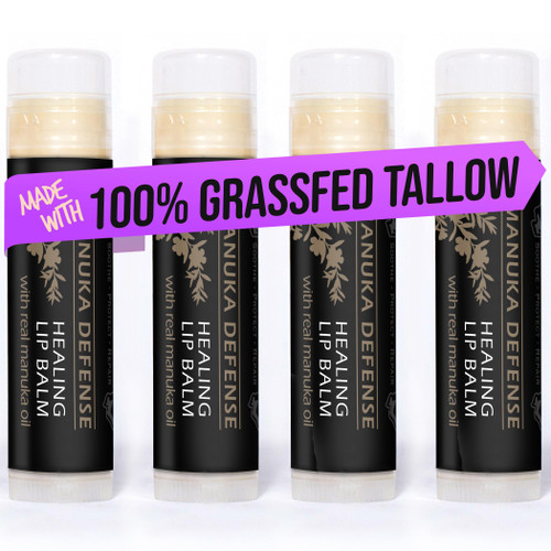 BALM OF GILEAD Manuka Defense Healing Lip Balm - Intensive Moisture Therapy in Tube w/Manuka, Tea Tree & Cooling Peppermint - Ideal for Chapped & Cracked Lips - Beauty Pack Of 4-0.15 oz