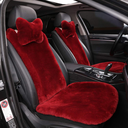 OGLAND Fluffy Fur Sheepskin Car Seat Covers for Universal Soft Cozy Fuzzy Auto Wool Seat Cushion Accessories Automobiles(3 Pack Front, Red)