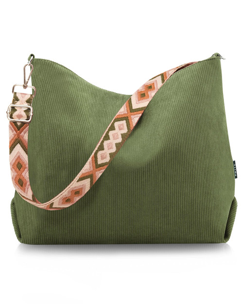 Prite Women’s Corduroy Tote Bag with Zipper, Stylish Shoulder Bag with Adjustment Straps for Work, Travel, Daily Use(Green)