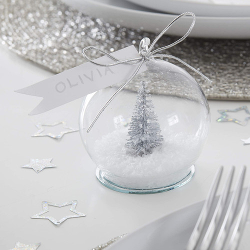 Ginger Ray Silver Christmas Tree Snow Globe Bauble Name Place Card Glitter,Black|grey|silver|white