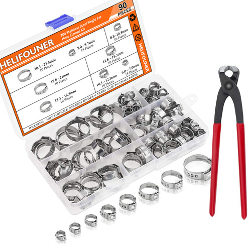 HELIFOUNER 90 Pieces 1/4"-15/16" 304 Stainless Steel Single Ear Hose Clamps with Pincers Kit