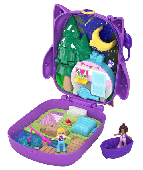Polly Pocket Playset, Travel Toy with 2 Micro Dolls, Toy Boat & Surprise Accessories, Pocket World Owlnite Campsite Compact