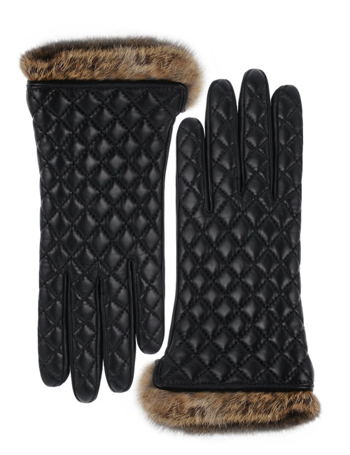 VIKIDEER Winter Warm Cashmere Lining Rabbit Fur Cuffs Leather Gloves for Women Touchscreen Cashmere Lined Black Smaller Medium