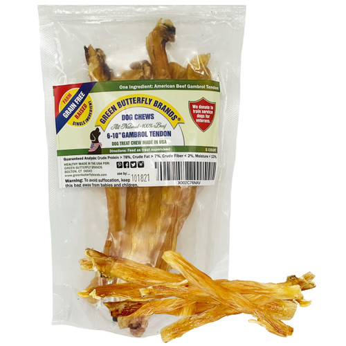 Green Butterfly Brands Beef Tendons for Dogs Made in USA. 6-10 Inch Grass Fed Farm-Raised American Beef Dog Treats. All Natural Dog Dental Chews. Grain Free Odor-Free Chews 5 Count