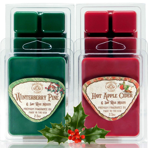 Way Out West Candles Soy Wax Melts Variety Pack of 4 – Winterberry Pine & Hot Apple Cider – Strongly Scented, Long-Lasting, Natural Soy Wax Cubes for Warmers – Christmas Home Fragrance Gift Set