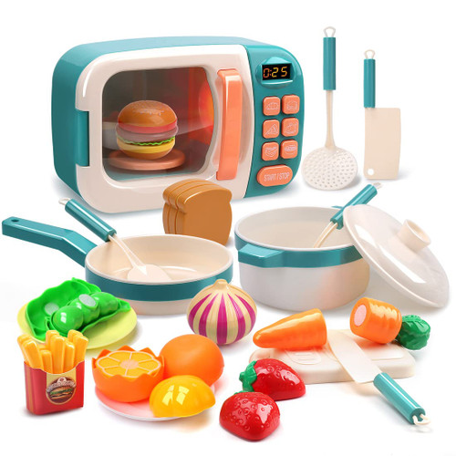 CUTE STONE Microwave Toys Kitchen Play Set, Kids Pretend Play Electronic Oven with Play Food, Kids Cookware Pot and Pan Toy Set, Cooking Utensils,Great Learning Kitchen Toys for Girls Boys