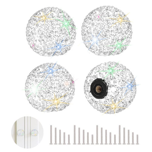 SAVORI Cabinet Knob Crystal Dresser Cupboard Drawer Wardrobe Door Knobs Bling Round Pull Handle with Screws for Home Kitchen Bathroom Office 4PCS (White)
