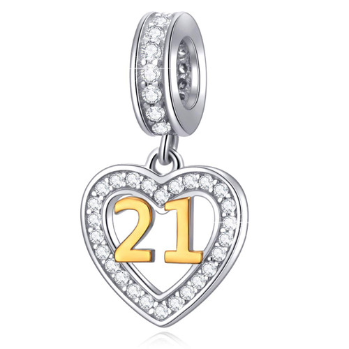 21 Years of Love Birthday Charms fits Pandora Women Bracelet, 925 Sterling Silver Number 21 Heart Bead Pendant, 21st Milestones Gifts for Friend/Sister
