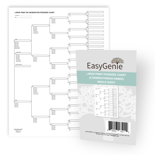 LARGE PRINT Blank Pedigree Chart (6 generations/64 names) for Ancestry, single sheet | Archival-Quality Genealogy Forms