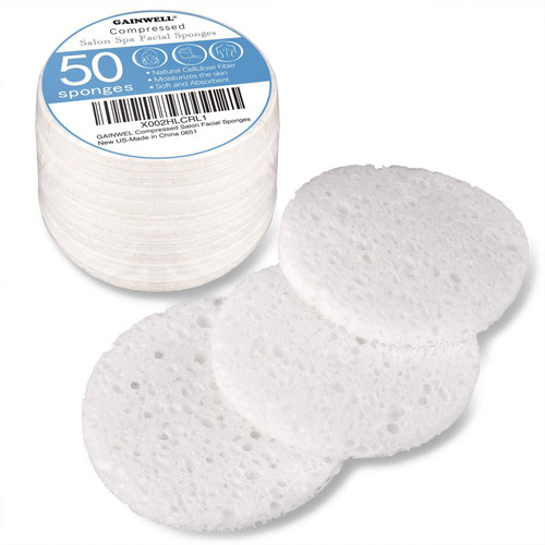 50-Count Compressed Facial Sponge, GAINWELL White Cellulose 100% Natural Cosmetic Spa Sponges for Facial Cleansing, Exfoliating Mask, Makeup Removal