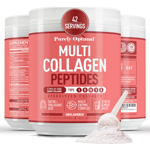 Purely Optimal Multi Collagen Powder for Women - 5 Types Hydrolyzed Collagen Peptides with Biotin & Hyaluronic Acid for Hair, Skin, Nails, Bones & Joints - Unflavored, Easy Mixing, 42 Servings