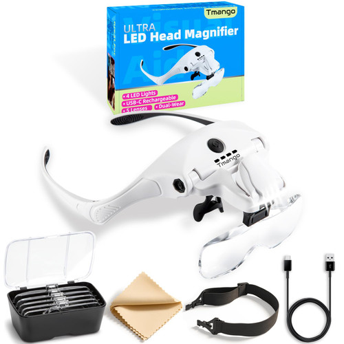 TMANGO Rechargeable Head Magnifier with 4 LED Lights and 5 Lenses – Hands-Free Magnifying Headset for Close Work, Jewelry, Crafts, Eyelash Extensions, Magnifying Glasses Alternative