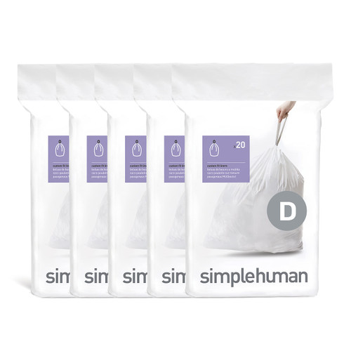simplehuman Code D 100 Count, Dispenser Pack Custom Fit Liners, Drawstring Trash Bags, 20 Liter / 5.3 Gallon, White