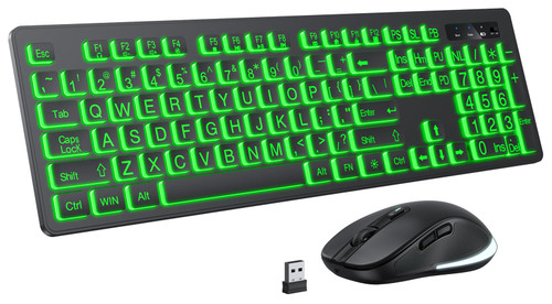 Large Print Wireless Keyboard and Mouse - 7 Colors Backlit Keyboard, Oversize Letters Keys Easy to See and Type, Rechargeable Keyboard and Mouse with Light Up Key, Compatible for PC, Windows, Gaming