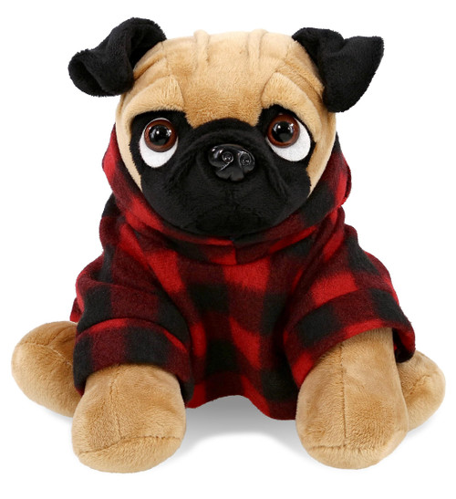 DolliBu Super Soft Pug Dog Stuffed Animal with Plaid Red Hoodie Sweater and Personalization - Pug Dog Plush Lumberjack Stuffed Toy with Plaid Jacket Dress Up for Christmas, Holiday, Winter - 8 Inches