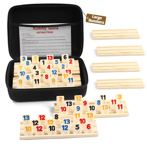 uvcany Rummy Cube 8 Player Edition with 8 Wooden Racks/Trays, 214 Large Numbers Rummy Tiles 6-8 Players Set with Zippered Case, Rummy Travel Game Set with 8 Tiles Holders for Family Adults Kids