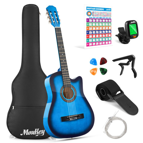 Moukey 38" Acoustic Guitar for Beginners Kids Youth Adult Cutaway Guitarra Acustica Kit with Chord Poster, Gig Bag, Tuner, Picks, Nylon Strings, Capo, Strap - Blue