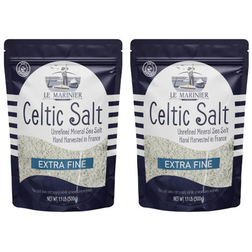Le Marinier Celtic Salt Organic Extra Fine, 1.1lb - 18oz Pack of 2. Mineral Rich Unrefined French Sea Salt 100% Natural, Hand Harvested +82 Trace Minerals (1.1lb Extra Fine - Pack of 2)