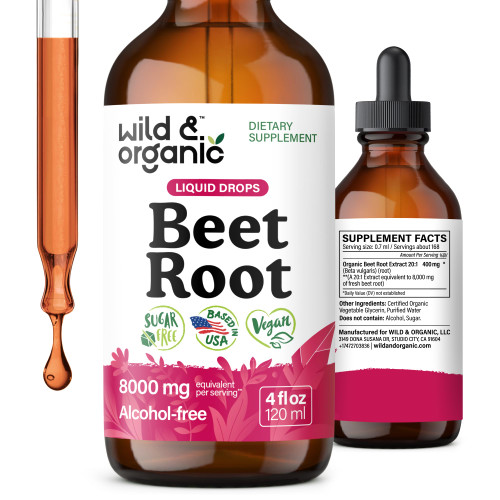 Wild & Organic Beet Root Extract Drops - 8000 mg Fresh Beetroot Extract Equivalent - Extract 20:1 - Liquid Red Beets Supplements - 400 mg per Serving - Vegan, Alcohol & Sugar-Free - 4 fl oz