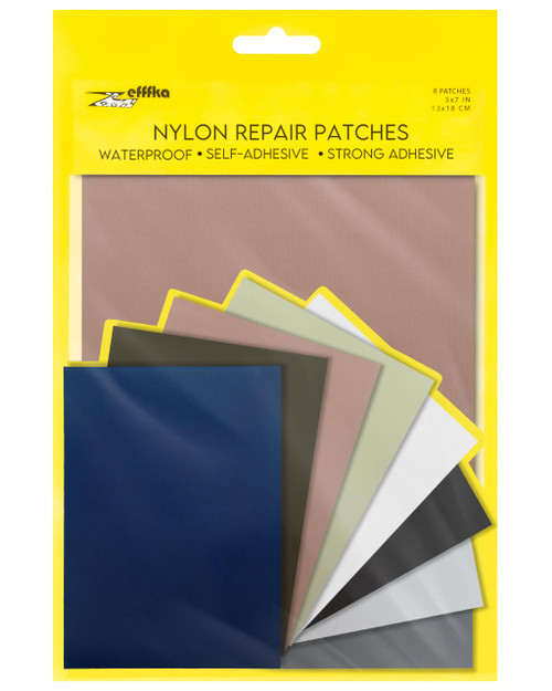 ZEFFFKA Nylon Self-Adhesive Repair Patches 8 Pack Waterproof Durable 5x7 Inch Fabric Patches for Jackets Tents Backpacks Sleeping Bags Clothing 8 Assorted Colors No Ironing Easy Fix