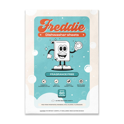 Freddie Dishwasher Sheets Fragrance Free - Space-Saving Alternative to Liquid Detergent - 60 Loads Concentrated Plastic Jug Free Strips