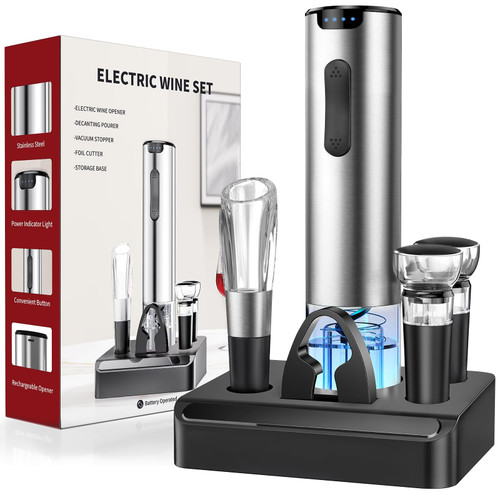 HomeHacks Electric Wine Opener, Automatic Wine Opener with Foil Cutter, Vacuum Stopper, Pourer, Rechargeable Wine Bottle Opener - Party Favor, Christmas Gift for Wine Lover