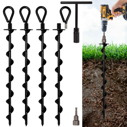 VASGOR 18" Ground Anchors (4pcs) Easy to Use with Drill, Heavy Duty Anchor Hook for Camping Tent, Canopies, Car Ports, Sheds, Swing Sets, Securing Animals – Black Powder Coated