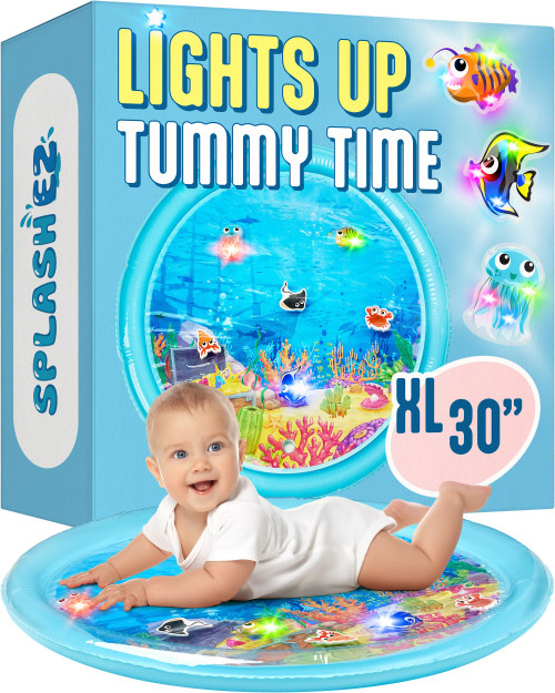 SplashEZ Lights Up Tummy Time Water Mat for Babies, 30" X-Large Baby Water Mat Tummy Time for Sensory Play with LED Glowing Fishes, Inflatable Fun Play Pad for Infants & Toddlers 3 to 36 mo