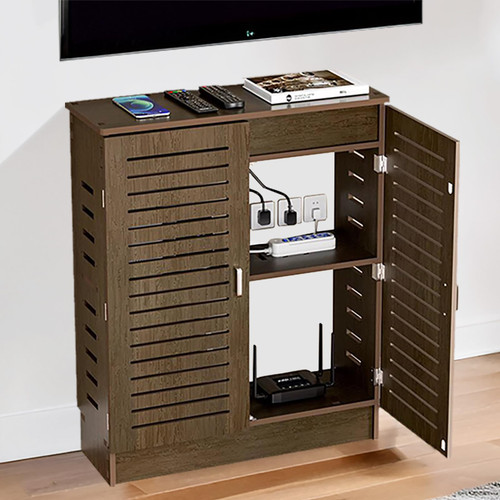 LXSEHN WiFi Router Storage Cabinet, PVC Floor Standing Router Storage Box Modem, Power Strip and Cable Management Hider Organizer for Home and Office (Walnut)