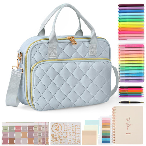 All-in-One Bible Journaling Kit – Quilted Bible Cover Case for Women, 31 Highlighters, 75 Tabs, Bible Study Supplies & Christian Gift for Women and Teens (Shoulder Strap, Grayishi Blue)
