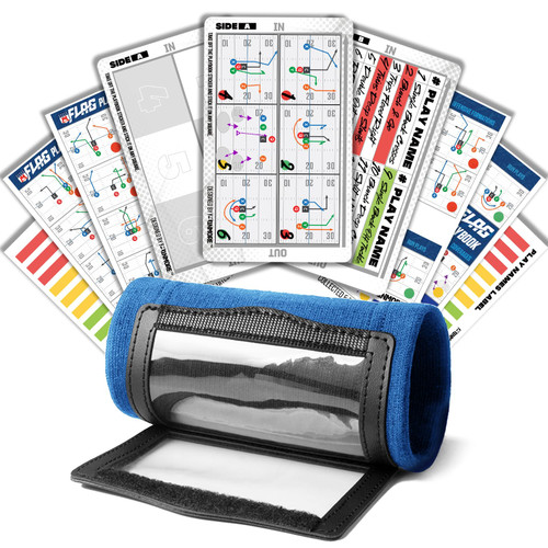 1NMORE 5v5, 7v7 Football Wristbands with Playbook System, Quarterback Wrist Coach for Youth, Flag Football Wrist Bands with Plays Stickers & PVC Cards (Black, 5 on 5) (Blue, 5 on 5)
